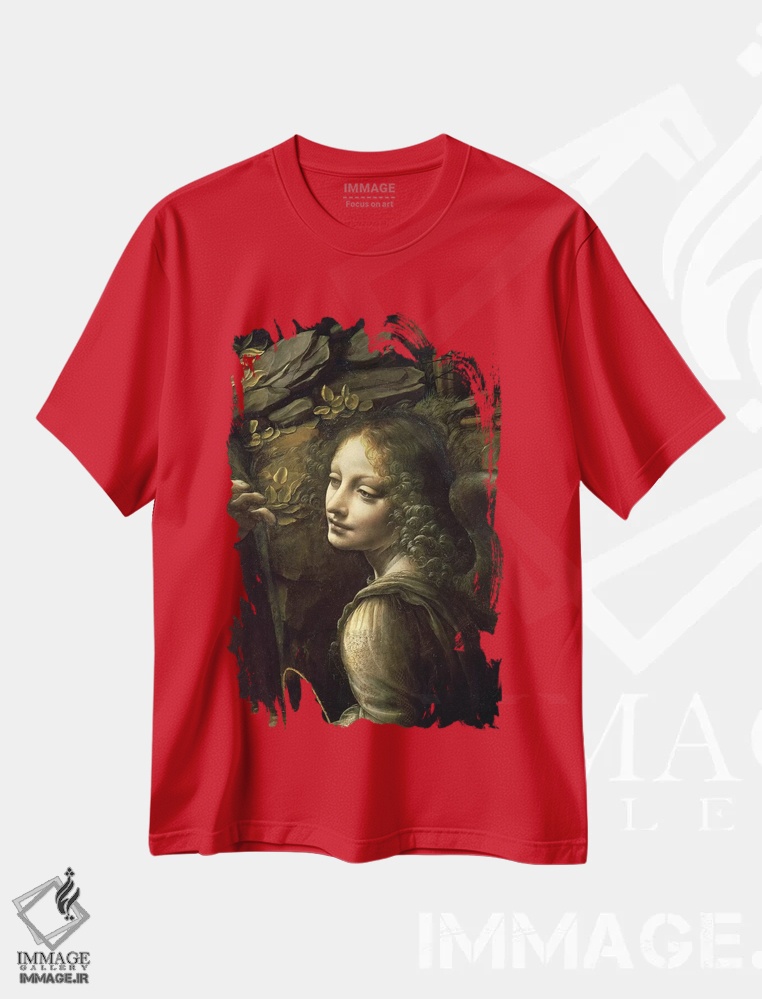 تیشرت قرمز طرح دار from The Virgin of the Rocks,جزئیات فرشته از تابلوی "بانوی صخره ها" اثر لئوناردو داوینچی
