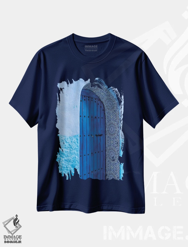 تیشرت سرمه ای طرح دار Morocco, Chefchaouen. Arch Over Wooden Door.,آفریقا، مراکش، شفشاون. طاق بالای در چوبی. اثر جینز گالری