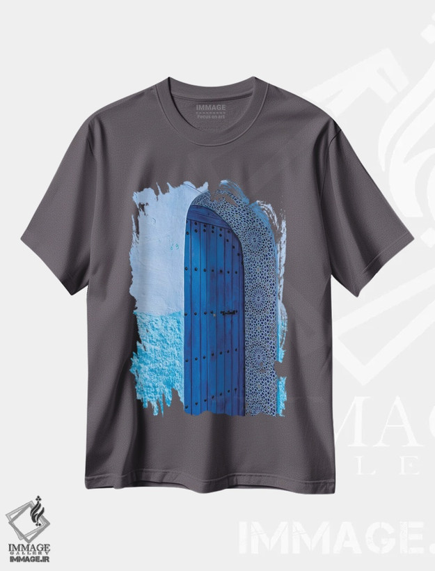 تیشرت طوسی طرح دار Morocco, Chefchaouen. Arch Over Wooden Door.,آفریقا، مراکش، شفشاون. طاق بالای در چوبی. اثر جینز گالری