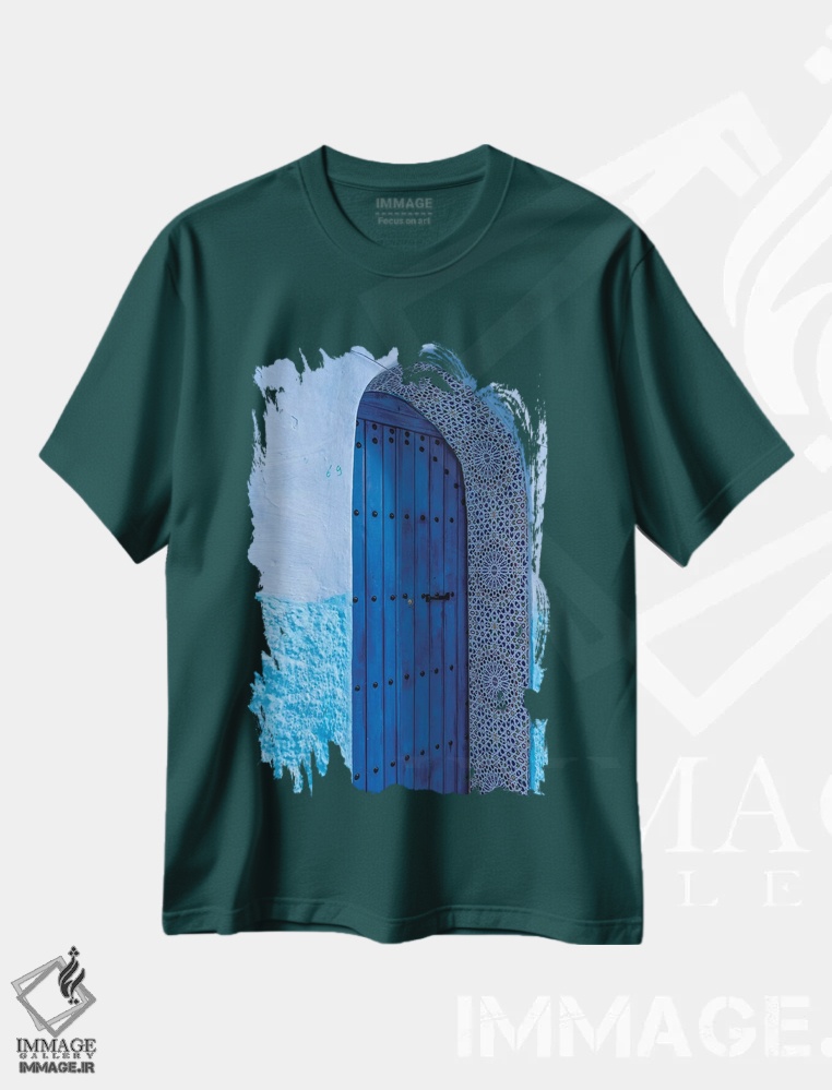 تیشرت سبز طرح دار Morocco, Chefchaouen. Arch Over Wooden Door.,آفریقا، مراکش، شفشاون. طاق بالای در چوبی. اثر جینز گالری