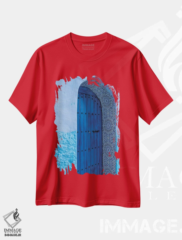 تیشرت قرمز طرح دار Morocco, Chefchaouen. Arch Over Wooden Door.,آفریقا، مراکش، شفشاون. طاق بالای در چوبی. اثر جینز گالری