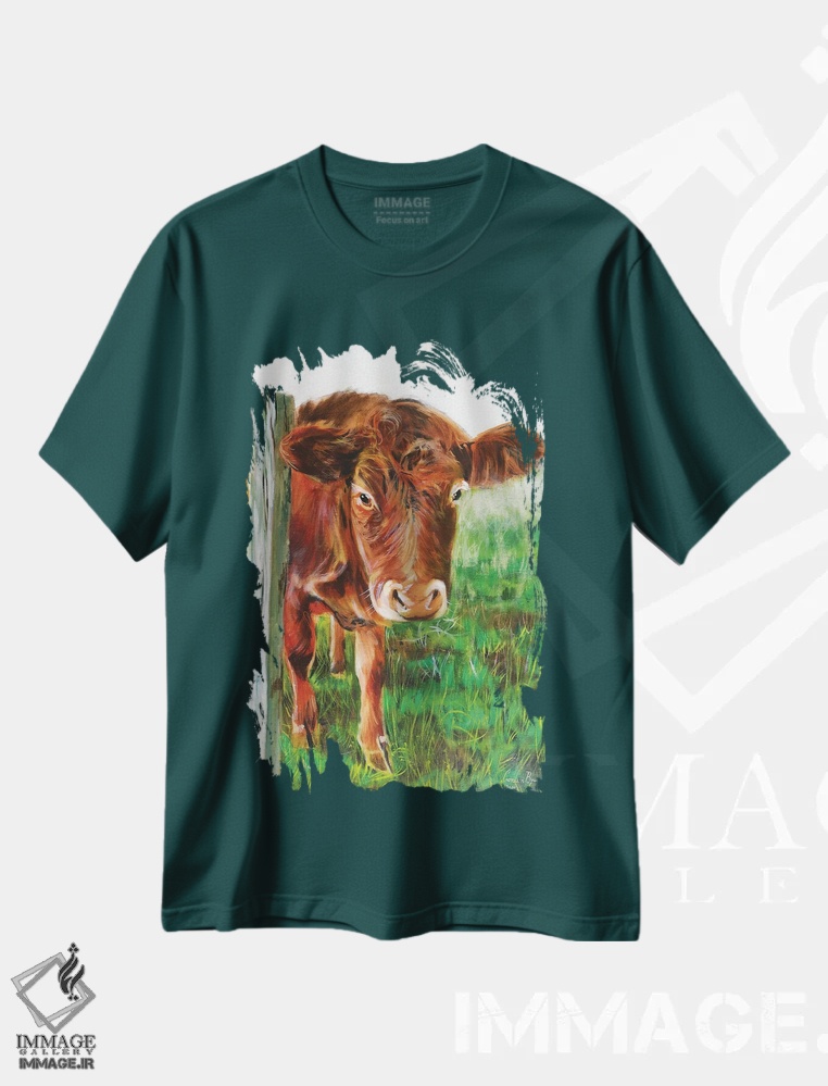 تیشرت سبز طرح دار گاو قهوه ای اثر گوردون بروس