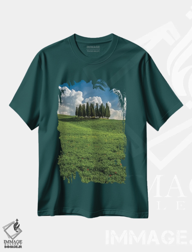 تیشرت سبز طرح دار Tuscany, Pines hillside,ایتالیا، توسکانی، دامنه کاج ها اثر جورج تئودور