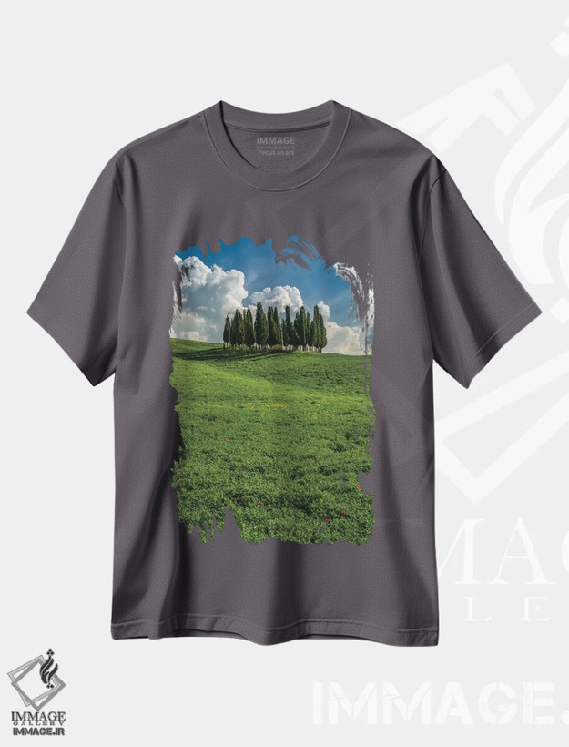 تیشرت طوسی طرح دار Tuscany, Pines hillside,ایتالیا، توسکانی، دامنه کاج ها اثر جورج تئودور