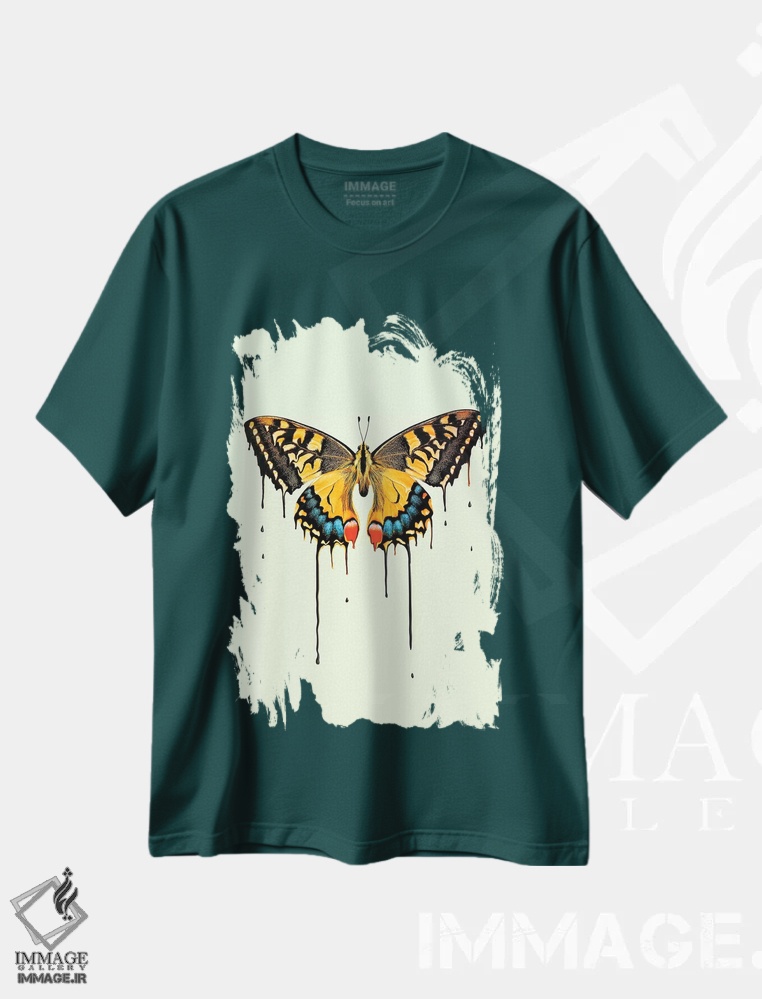 تیشرت سبز طرح هنری ,"پروانه ذوب شونده" اثر یوناس لوس