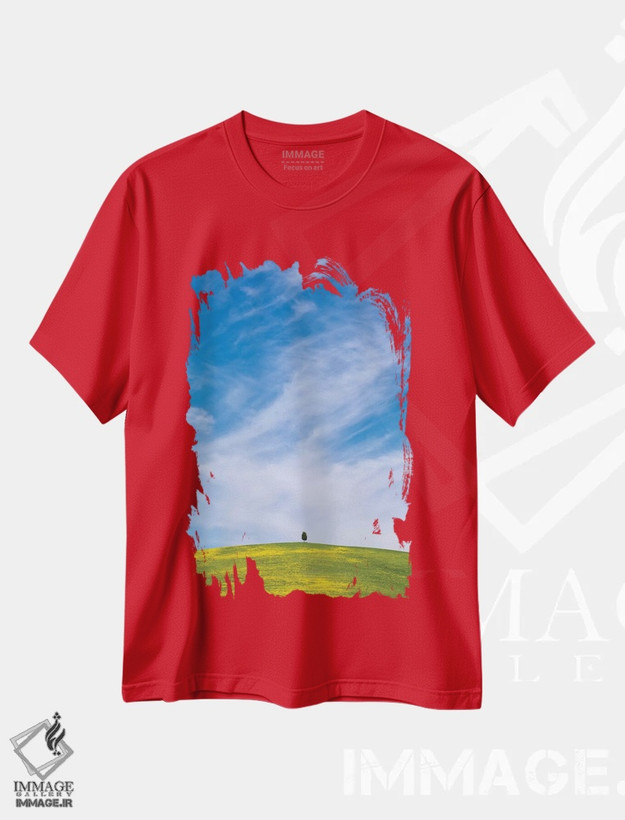 تیشرت قرمز طرح دار San Quirico d'Orcia. Cypress tree on hill.,ایتالیا، سان کویریکو دورچیا. درخت سرو بر تپه اثر جینز گالری
