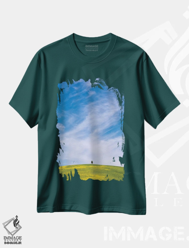 تیشرت سبز طرح دار San Quirico d'Orcia. Cypress tree on hill.,ایتالیا، سان کویریکو دورچیا. درخت سرو بر تپه اثر جینز گالری