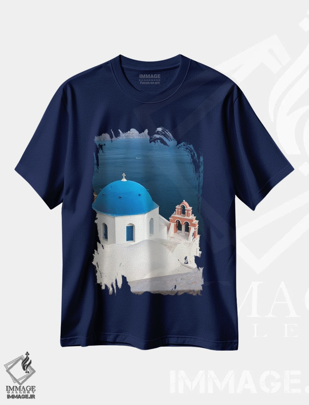تیشرت سرمه ای طرح دار Santorini. Blue dome and bell tower,یونان، سانتورینی، گنبد آبی و برج ناقوس اثر هولیس لونی
