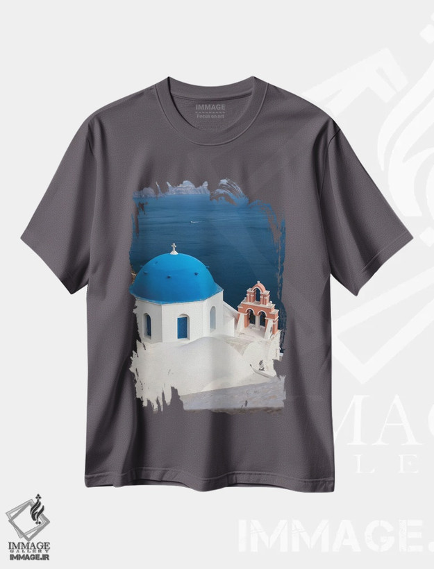 تیشرت طوسی طرح دار Santorini. Blue dome and bell tower,یونان، سانتورینی، گنبد آبی و برج ناقوس اثر هولیس لونی