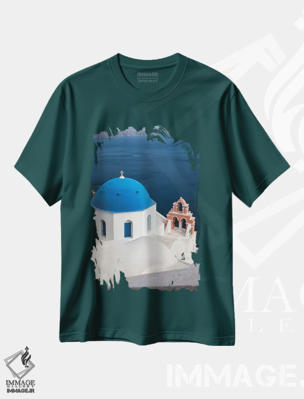 تیشرت سبز طرح دار Santorini. Blue dome and bell tower,یونان، سانتورینی، گنبد آبی و برج ناقوس اثر هولیس لونی