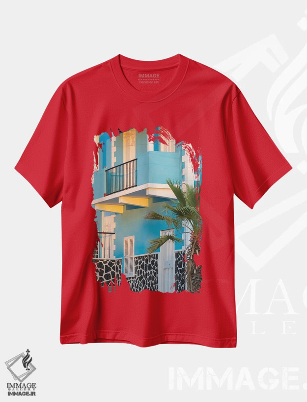 تیشرت قرمز طرح معماری ,the capital of the island. Fogo Island, part of Cape Verde in the central Atlantic.,خانه شهری سنتی. سائو فیلیپه، پایتخت جزیره فوگو، بخشی از کیپ ورد در اقیانوس اطلس مرکزی اثر مارتین زویک