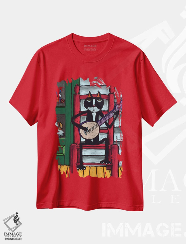 تیشرت قرمز طرح دار گربه روی صندلی III اثر دیویدای هینْدز