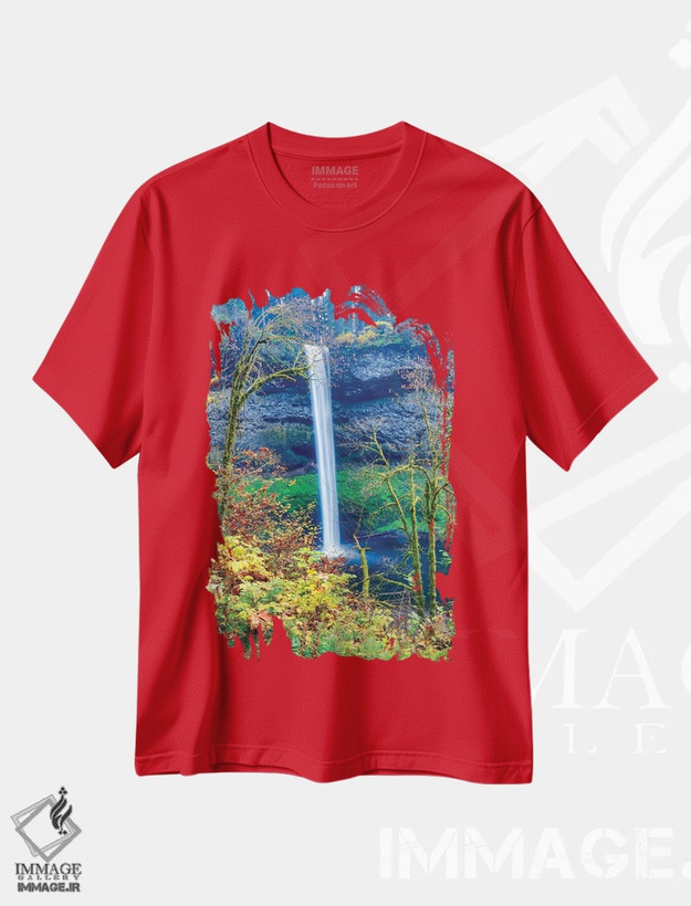 تیشرت قرمز طرح دار Oregon, Silver Falls State Park, South Falls,آمریکا، اورگن، پارک ایالتی سیلور فالز، آبشار جنوبی اثر هولیس لونی