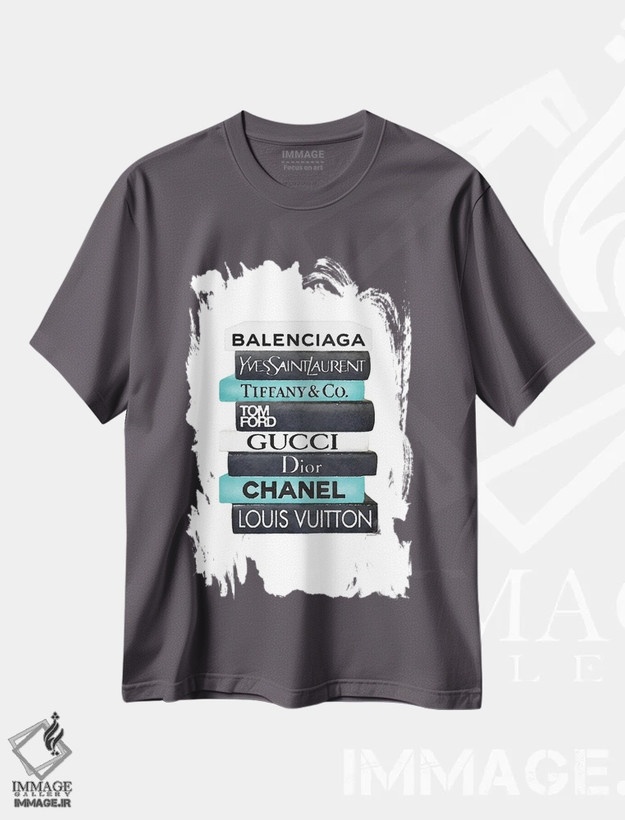 تیشرت طوسی طرح دار White & Teal Book Stack,دسته کتاب مشکی، سفید و فیروزه ای اثر آماندا گرینوود