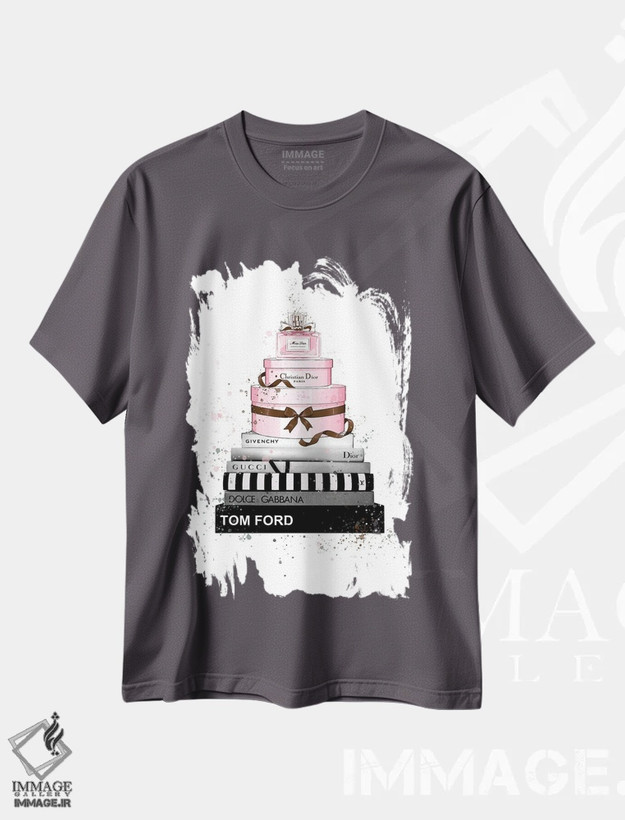 تیشرت طوسی طرح دار کتاب ها، جعبه و عطر اثر هدر گری