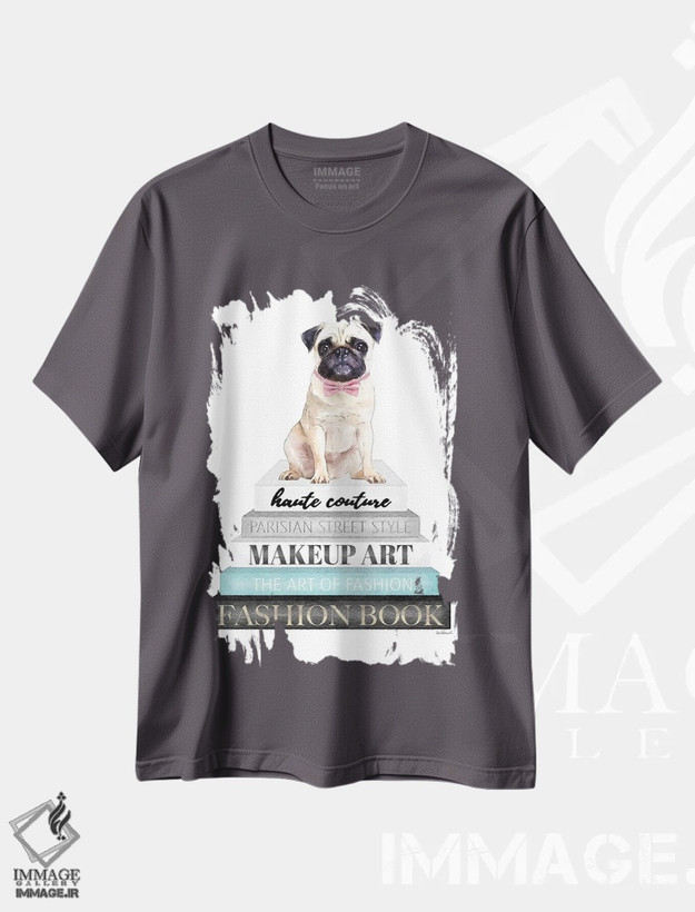 تیشرت طوسی طرح دار Pug With Bow,کتاب های خاکستری با فیروزه ای و سگ پاگ با پاپیون اثر آماندا گرینوود
