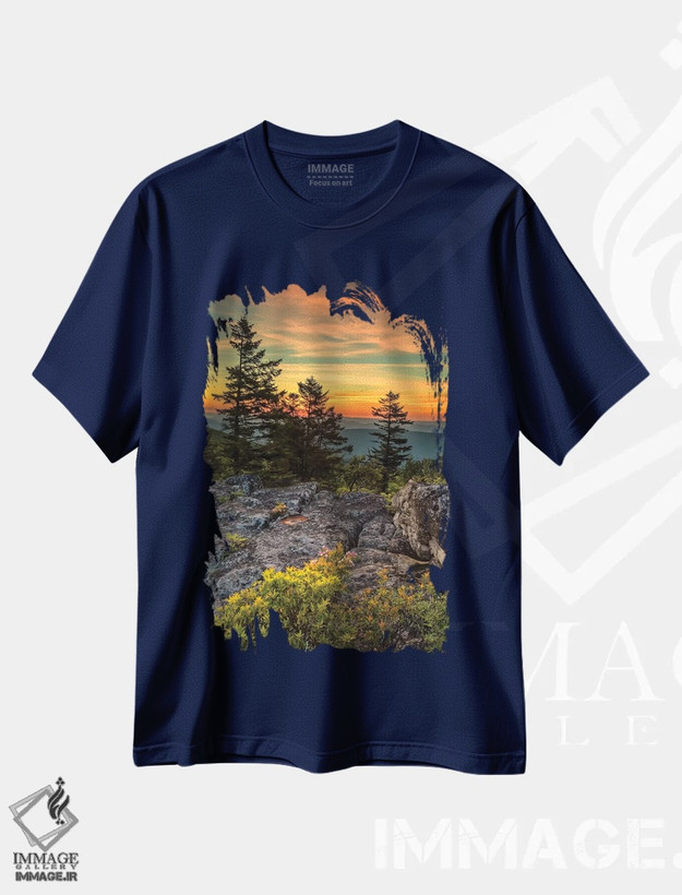 تیشرت سرمه ای طرح دار West Virginia, Blackwater Falls State Park. Tree and landscape at sunset.,ایالات متحده، ویرجینیای غربی، پارک ایالتی آبشار بلک واتر. درخت و منظره در غروب خورشید. اثر جینز گالری