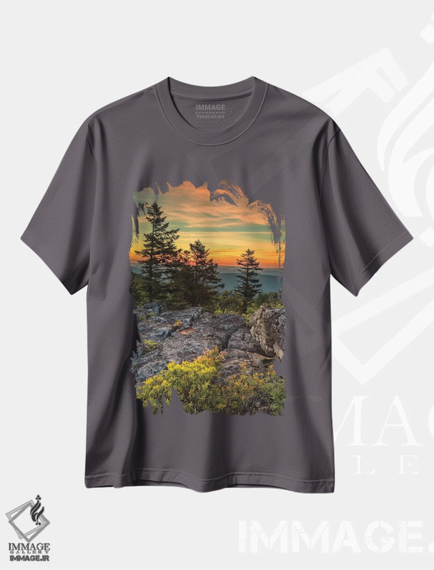 تیشرت طوسی طرح دار West Virginia, Blackwater Falls State Park. Tree and landscape at sunset.,ایالات متحده، ویرجینیای غربی، پارک ایالتی آبشار بلک واتر. درخت و منظره در غروب خورشید. اثر جینز گالری
