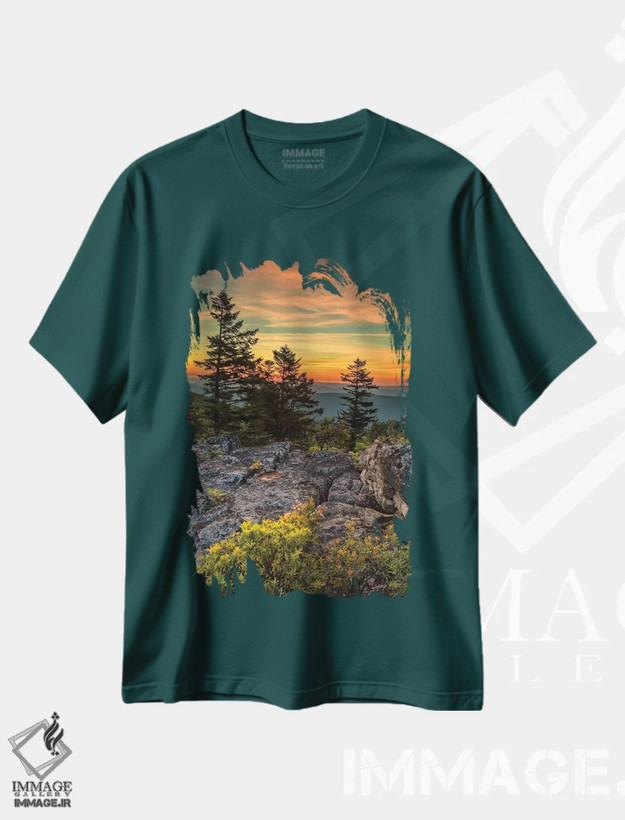 تیشرت سبز طرح دار West Virginia, Blackwater Falls State Park. Tree and landscape at sunset.,ایالات متحده، ویرجینیای غربی، پارک ایالتی آبشار بلک واتر. درخت و منظره در غروب خورشید. اثر جینز گالری