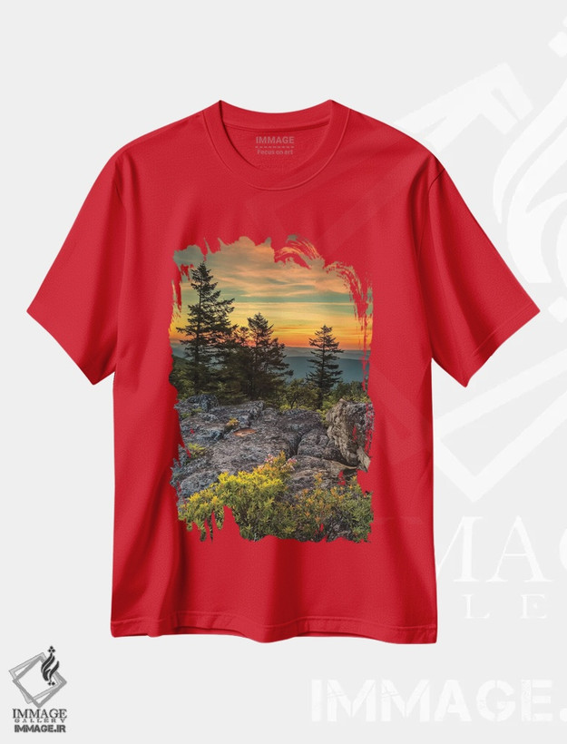 تیشرت قرمز طرح دار West Virginia, Blackwater Falls State Park. Tree and landscape at sunset.,ایالات متحده، ویرجینیای غربی، پارک ایالتی آبشار بلک واتر. درخت و منظره در غروب خورشید. اثر جینز گالری