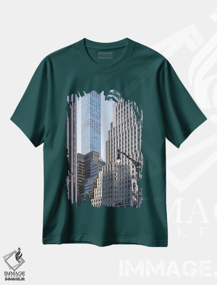 تیشرت سبز طرح دار New York City, USA,معماری مدرن آسمان خراش ها در میدن تاون منهتن، نیویورک، آمریکا اثر یان بکه