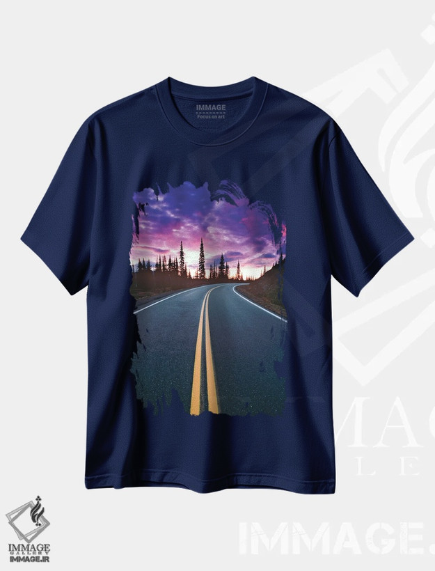 تیشرت سرمه ای طرح دار Washington State, Mt. Rainier National Park. Road and clouds at sunset.,ایالات متحده، ایالت واشینگتن، پارک ملی کوه رینیر. جاده و ابرها در غروب خورشید. اثر جینز گالری