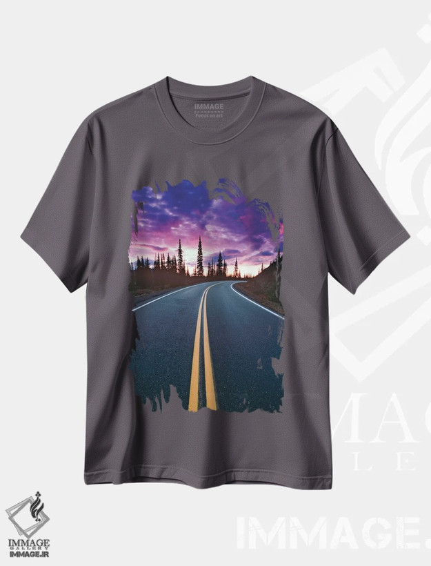 تیشرت طوسی طرح دار Washington State, Mt. Rainier National Park. Road and clouds at sunset.,ایالات متحده، ایالت واشینگتن، پارک ملی کوه رینیر. جاده و ابرها در غروب خورشید. اثر جینز گالری