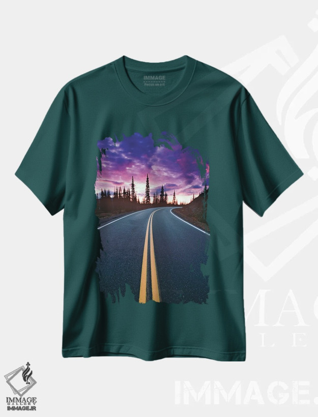 تیشرت سبز طرح دار Washington State, Mt. Rainier National Park. Road and clouds at sunset.,ایالات متحده، ایالت واشینگتن، پارک ملی کوه رینیر. جاده و ابرها در غروب خورشید. اثر جینز گالری