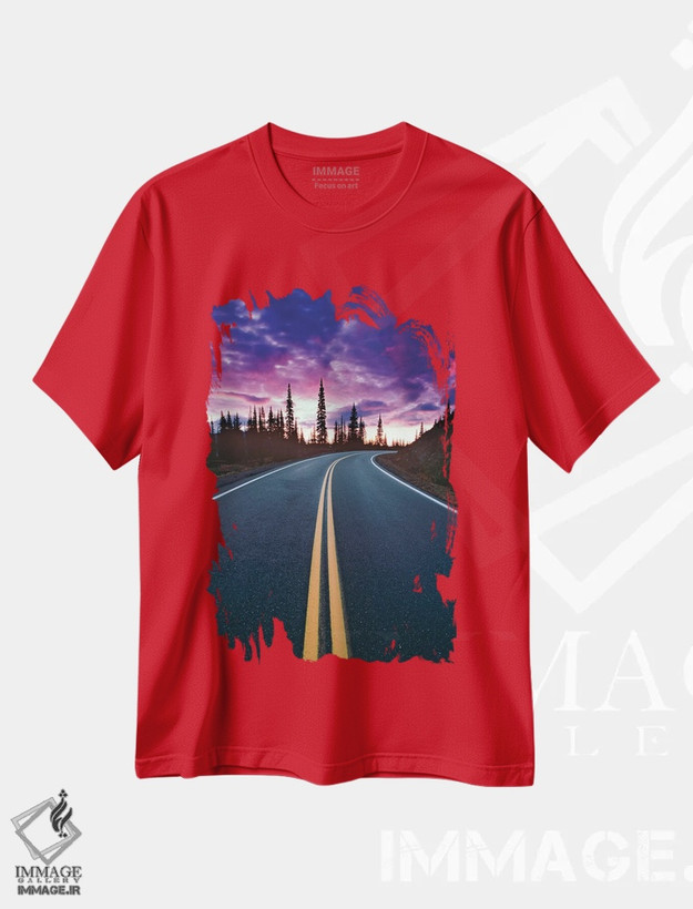 تیشرت قرمز طرح دار Washington State, Mt. Rainier National Park. Road and clouds at sunset.,ایالات متحده، ایالت واشینگتن، پارک ملی کوه رینیر. جاده و ابرها در غروب خورشید. اثر جینز گالری