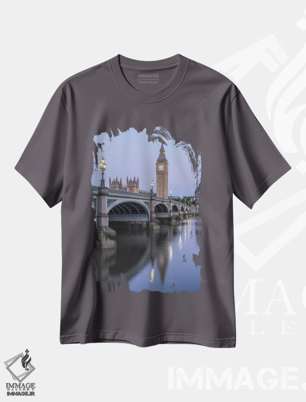 تیشرت طوسی طرح دار London, United Kingdom,پل وست مینستر و برج ساعت بیگ بن، لندن، بریتانیا اثر یان بکه
