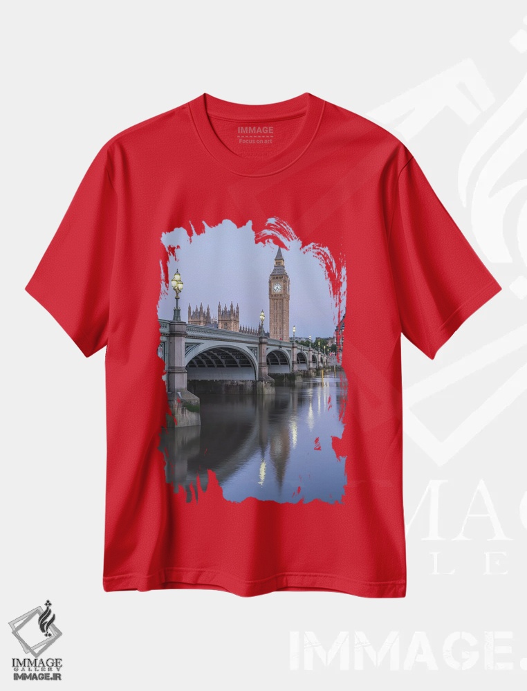 تیشرت قرمز طرح دار London, United Kingdom,پل وست مینستر و برج ساعت بیگ بن، لندن، بریتانیا اثر یان بکه