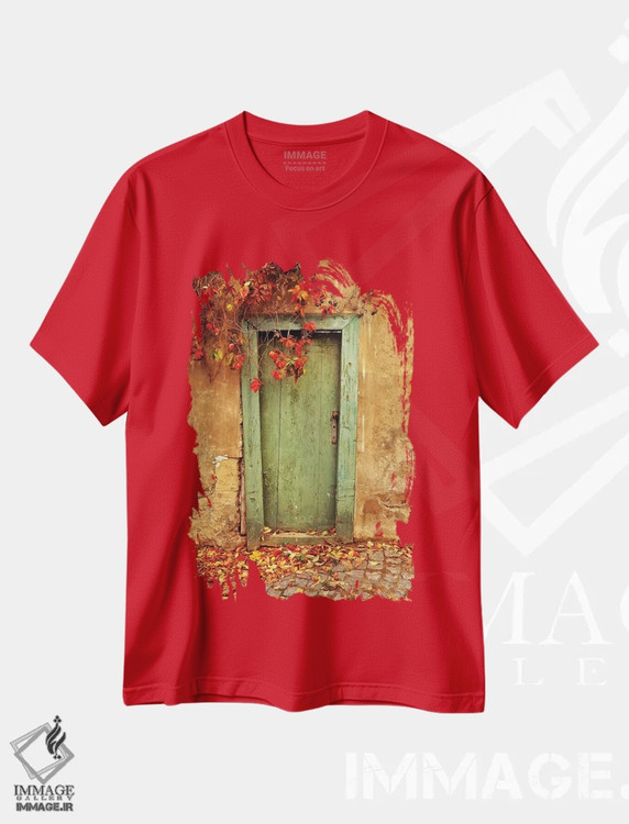 تیشرت قرمز طرح دار Prague. Weathered door.,جمهوری چک، پراگ. در کهنه و فرسوده اثر جینز گالری
