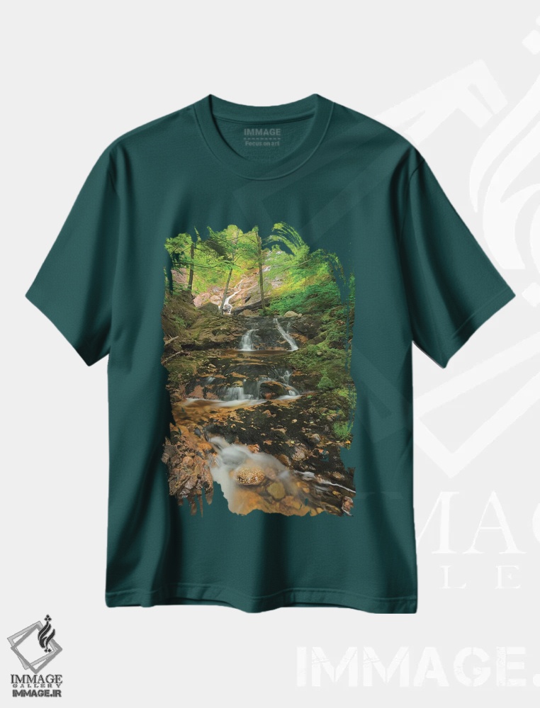 تیشرت سبز طرح دار Nova Scotia, Cape Breton Highlands National Park. Beulach Ban Falls cascade.,کانادا، نوا اسکوشیا، پارک ملی کیپ برتون هایلندز. پلکانی آبشار بیولاخ بن اثر جینز گالری