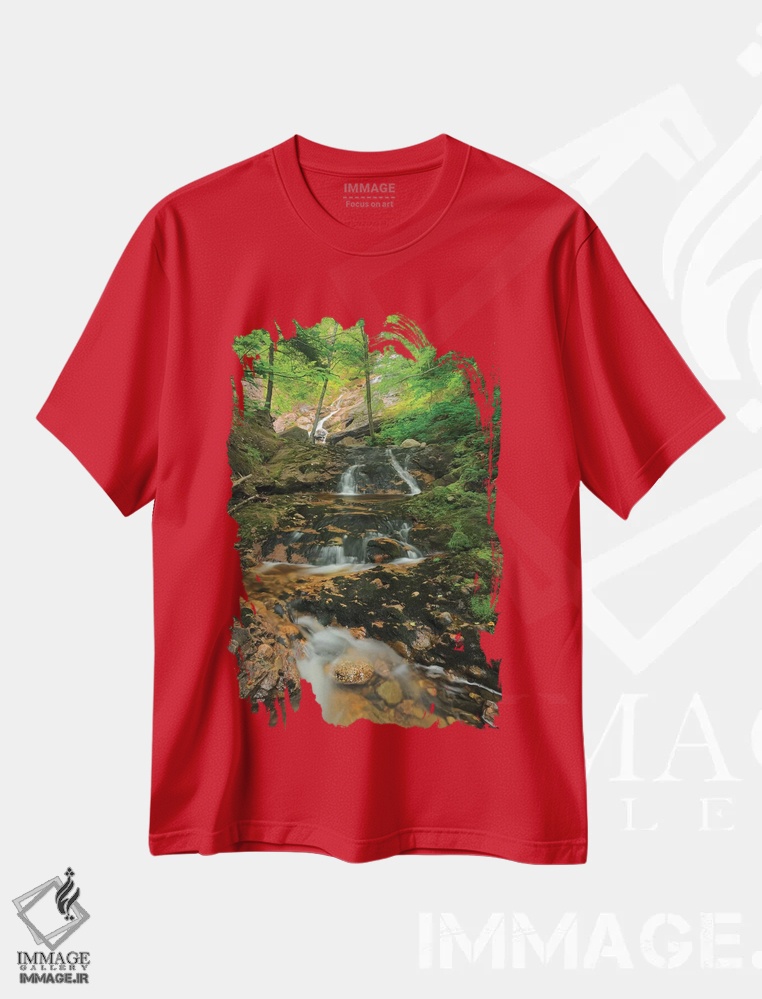 تیشرت قرمز طرح دار Nova Scotia, Cape Breton Highlands National Park. Beulach Ban Falls cascade.,کانادا، نوا اسکوشیا، پارک ملی کیپ برتون هایلندز. پلکانی آبشار بیولاخ بن اثر جینز گالری