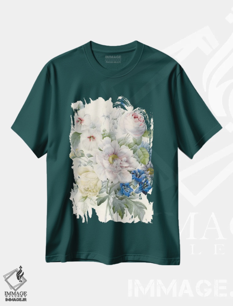 تیشرت سبز طرح دار Roses, Hibiscus, Asters, Gentian and an Imaginary Blue Butterfly,دسته گلی شامل گل صدتومانی، رزها، ختمی، ستاره ای، ژنتیان و یک پروانهٔ آبی خیالی اثر پیر-ژوزف ردوت