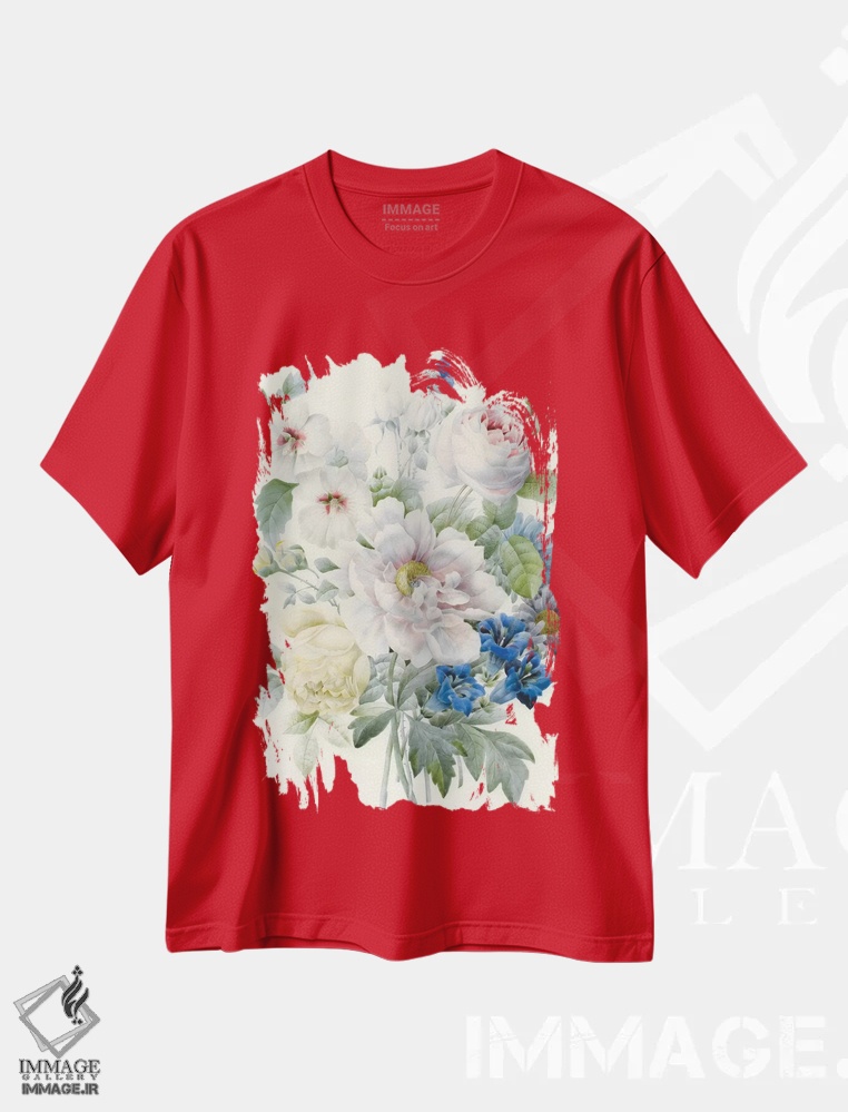 تیشرت قرمز طرح دار Roses, Hibiscus, Asters, Gentian and an Imaginary Blue Butterfly,دسته گلی شامل گل صدتومانی، رزها، ختمی، ستاره ای، ژنتیان و یک پروانهٔ آبی خیالی اثر پیر-ژوزف ردوت