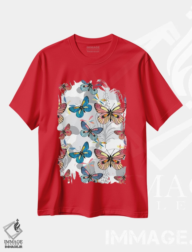 تیشرت قرمز طرح دار پروانه های پاستلی اثر لیندا برتل