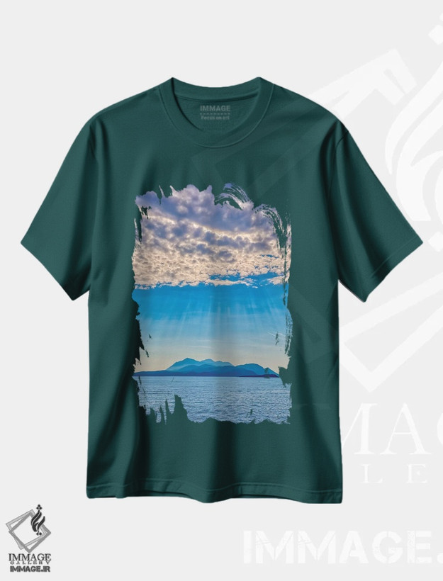 تیشرت سبز طرح دار Korcula. God rays and island.,کرواسی، کورچولا. تابش نور خورشید و جزیره اثر جینز گالری
