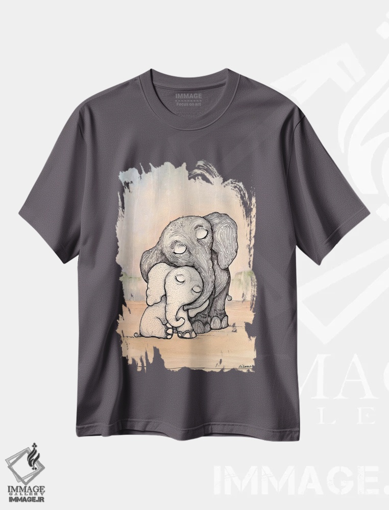 تیشرت طوسی طرح دار مادر و بچه فیل خیال انگیز اثر دیان آرت