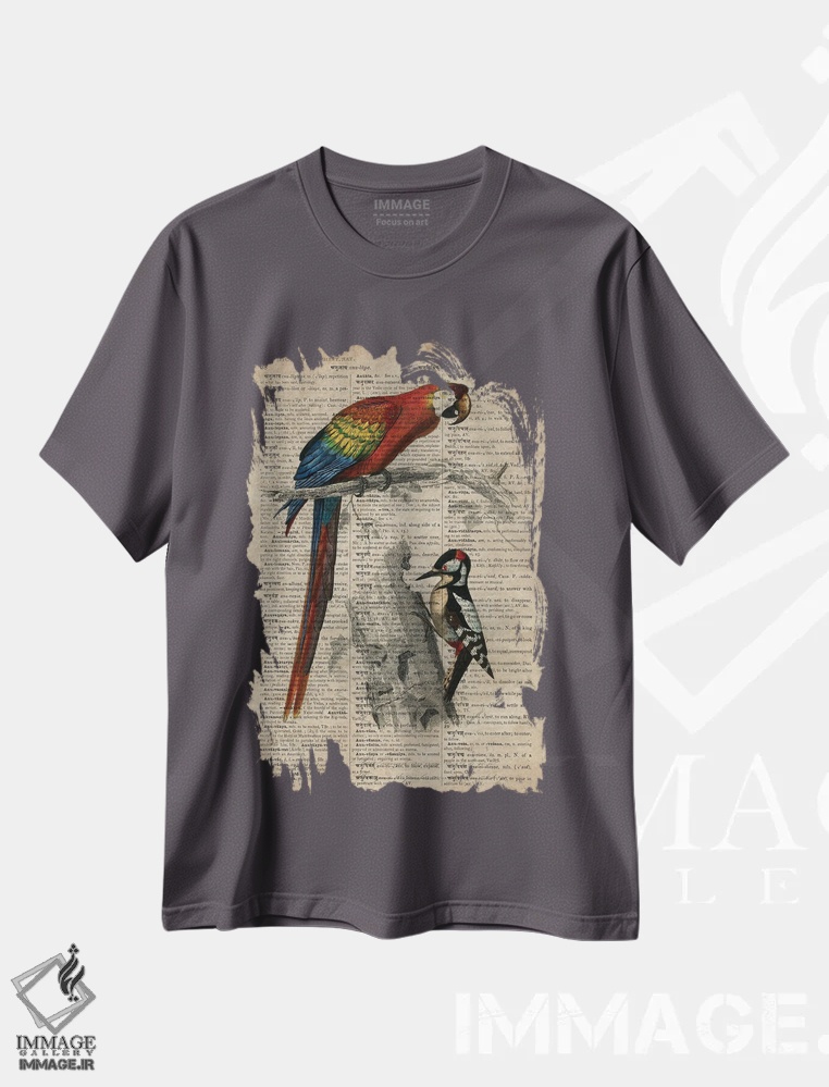تیشرت طوسی طرح دار دیکشنر جهانی: طوطی و دارکوب اثر فیشرکرافت