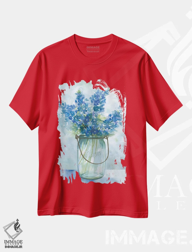 تیشرت قرمز طرح بهاری ,گل های آبی II اثر نان
