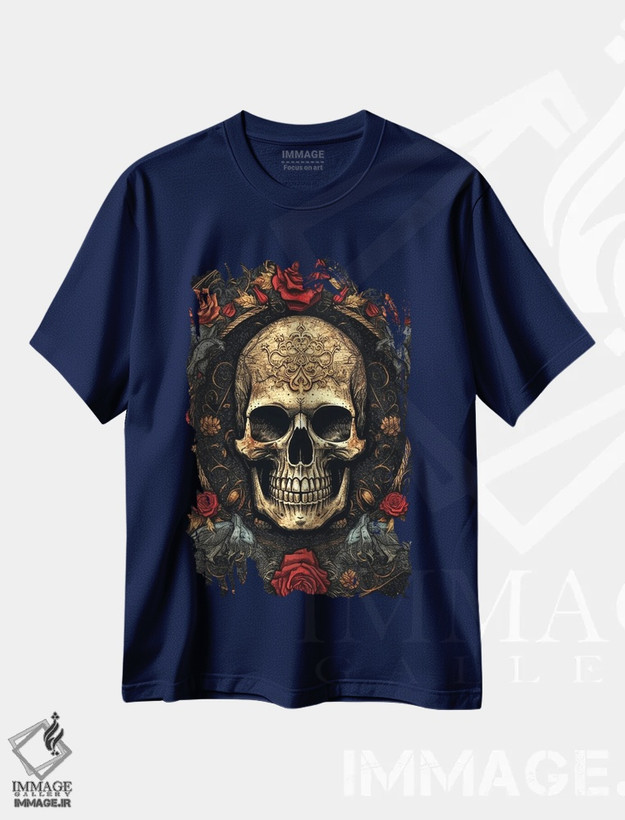تیشرت سرمه ای طرح دار جمجمه با گل رز اثر نیکیتا آباکوموف