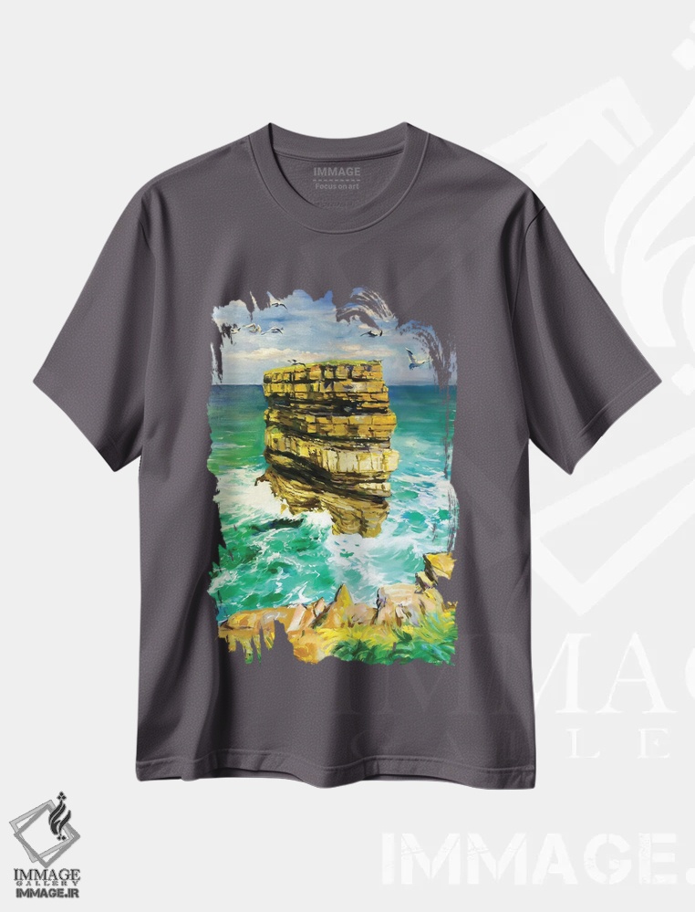 تیشرت طوسی طرح منظره ,Sea Stack County Mayo" صخره دریایی دان بریسته شهرستان مایو اثر کانر مک گوایر