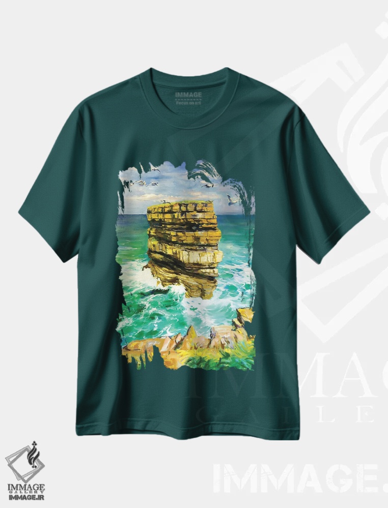 تیشرت سبز طرح منظره ,Sea Stack County Mayo" صخره دریایی دان بریسته شهرستان مایو اثر کانر مک گوایر