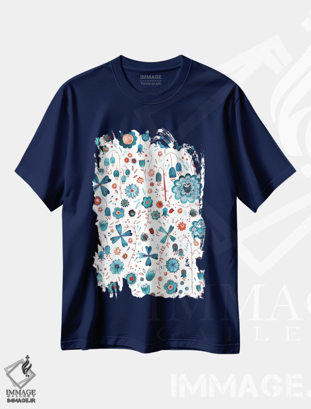 تیشرت سرمه ای طرح دار باغ گل فیروزه ای اثر نیک اسکویرل