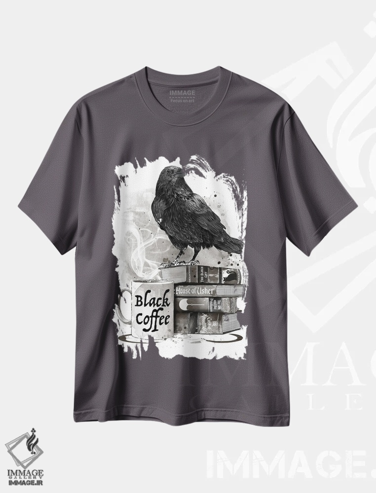 تیشرت طوسی طرح دار Raven And Poe,قهوه، کلاغ و پو اثر آنتونیو کامارنا