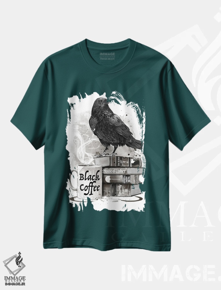 تیشرت سبز طرح دار Raven And Poe,قهوه، کلاغ و پو اثر آنتونیو کامارنا