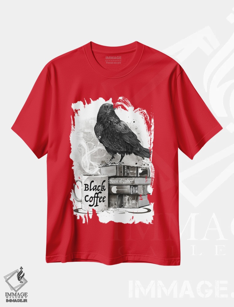 تیشرت قرمز طرح دار Raven And Poe,قهوه، کلاغ و پو اثر آنتونیو کامارنا