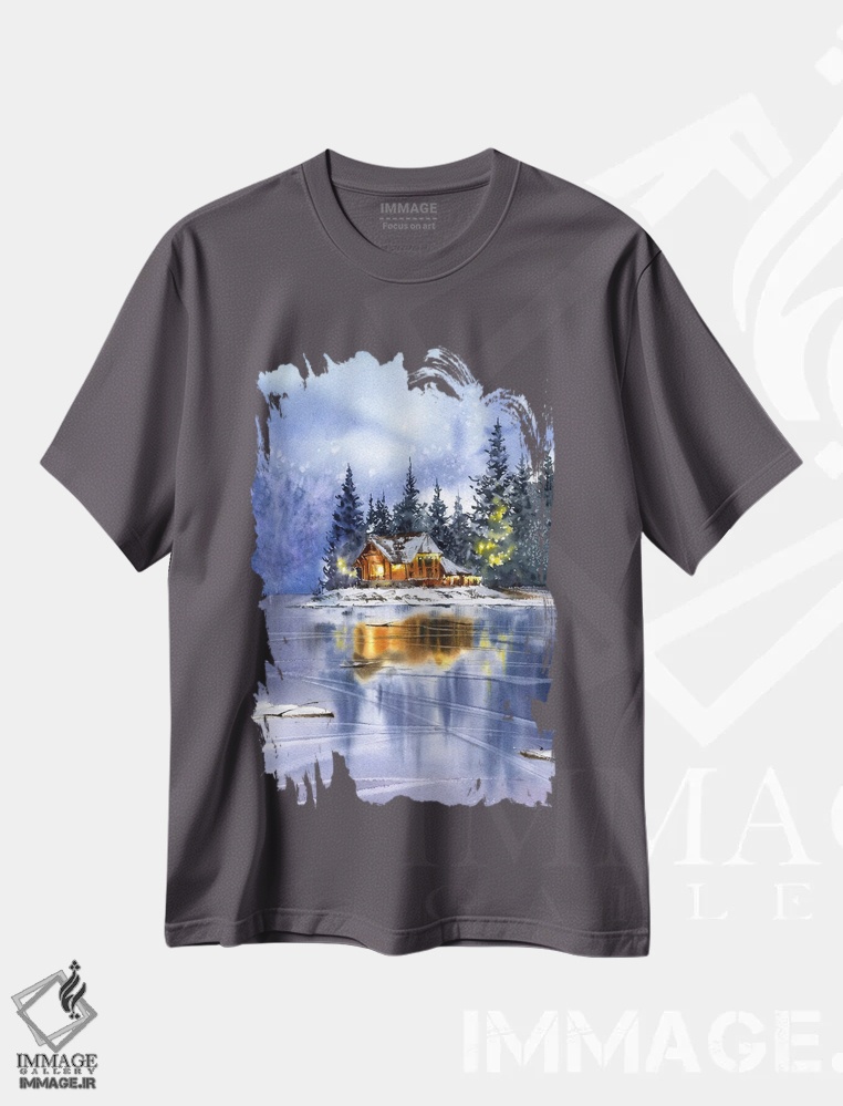 تیشرت طوسی طرح دار Christmas Motif,منظره زمستانی با تم کریسمس اثر هوم لایک آرت