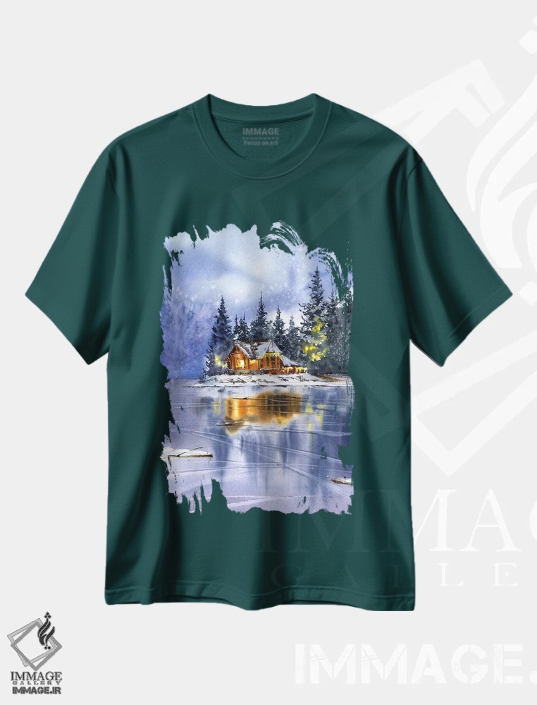 تیشرت سبز طرح دار Christmas Motif,منظره زمستانی با تم کریسمس اثر هوم لایک آرت